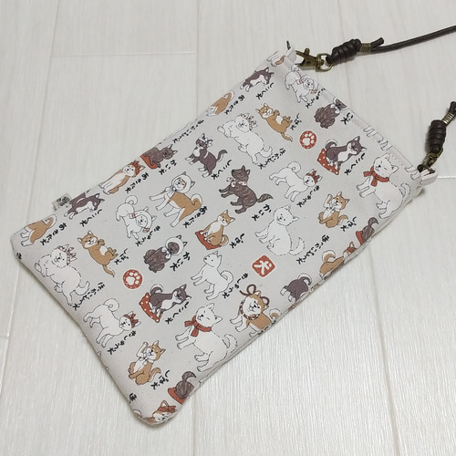 犬図鑑 日本犬 犬柄×生成り帆布 スマホ ポシェット サコッシュ