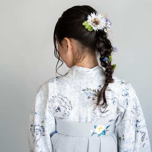 ハーフ成人式袴髪飾り白/グレー/青H】水引き金/人気の髪型編み下ろし