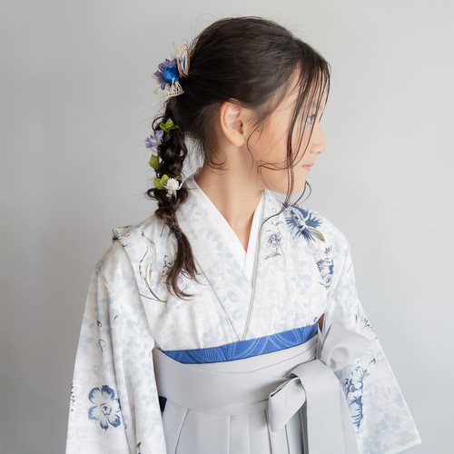 ハーフ成人式袴髪飾り白/グレー/青H】水引き金/人気の髪型編み下ろし  