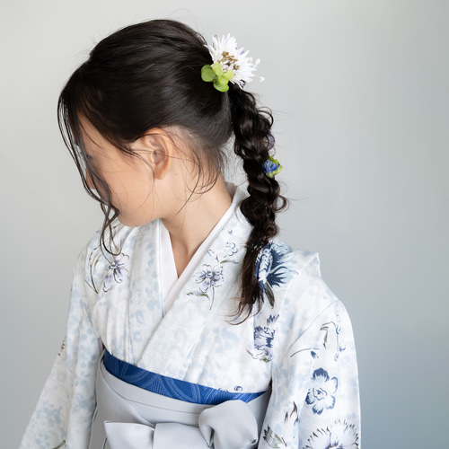 ハーフ成人式袴髪飾り白/グレー/青H】水引き金/人気の髪型編み下ろし