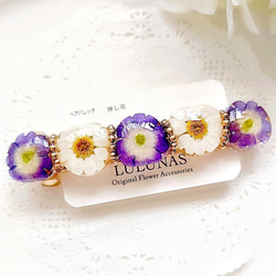 青いバーベナとタナセタムの押し花バレッタ レジンアクセサリー