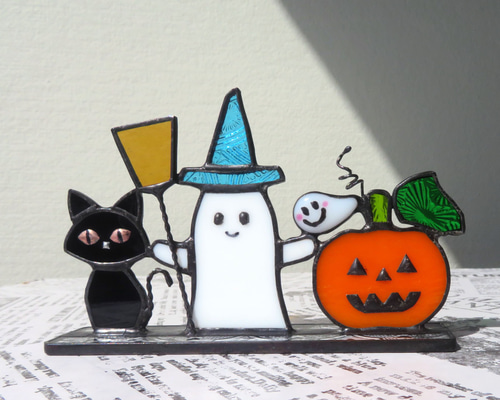 くまオバケ&黒猫オバケ☆ハロウィン ステンドグラス ハロウィン 黒猫 オバケ かぼちゃ その他インテリア