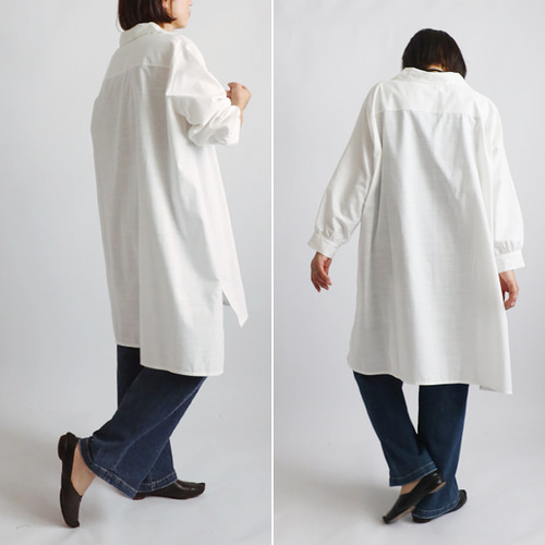 夏の日の２０２５ＳＡＬＥ　ギマ擬麻コットン　ヘチマ襟　燕尾裾　ワイドシャツ　チュニック　ゆったり　オフホワイト　白　A40B 夏の日の2025SALE ギマ擬麻コットン ヘチマ襟 燕尾裾
