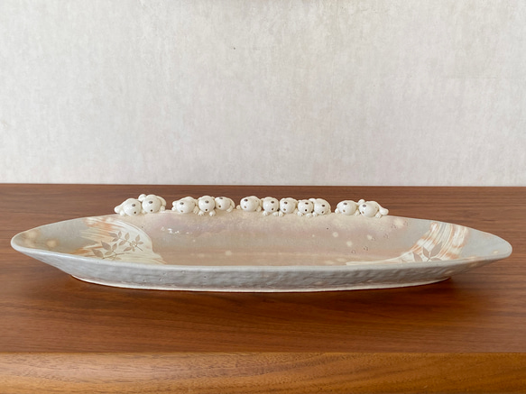 舟形陶器装飾品 古伊万里染付 舟形菊花豆皿 萩の模様 骨董