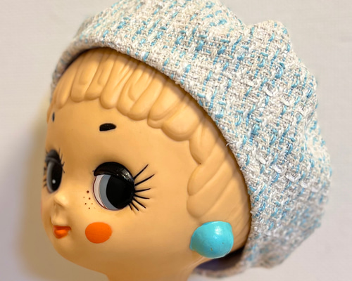 爽やか ツイード ベレー帽（水色×白） 帽子 レディース 大人