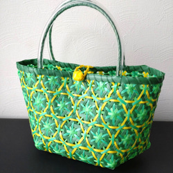 PPバンド かごバッグ 花まる編み 黄色×白 プラカゴ 花柄 六つ目華