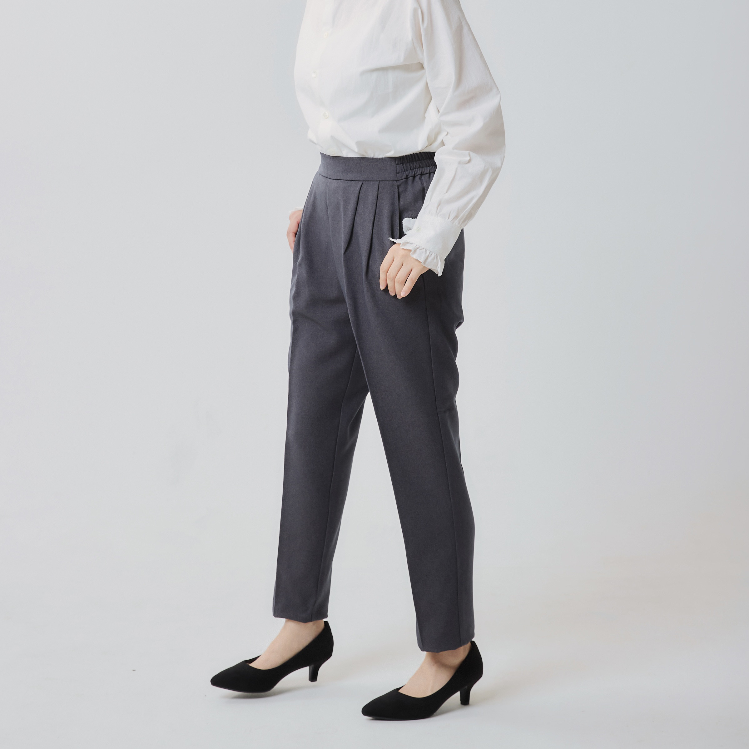 【New自分サイズの神シルエット】キレイ見え しわになりにくいウールライクパンツ　チャコール　S/M/L　全5色 6,697円