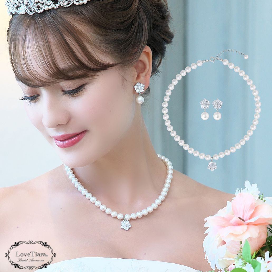 ノーブルパールネックレス＆イヤリング/ピアスset PN-26|フラワー かわいい 花嫁 シンプル ウエディング 結婚式