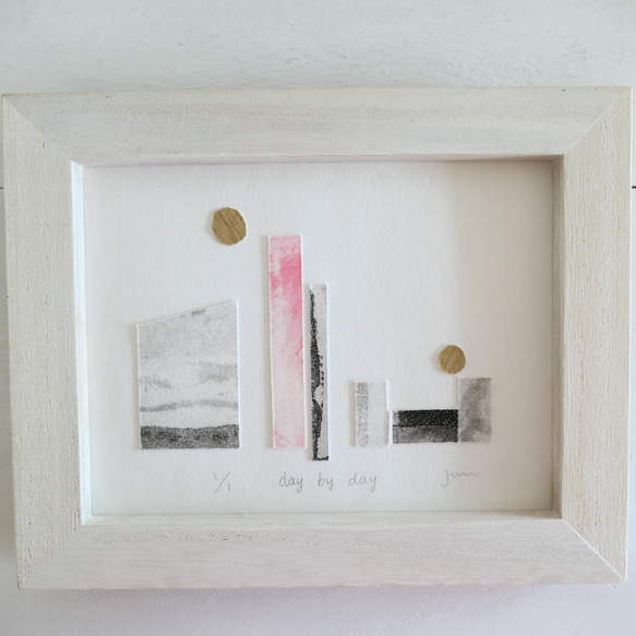 デザインアート・銅版画コラージュ・抽象画「day by day」木製額入(卓上・壁掛け)インテリアアクセサリー 7枚目の画像