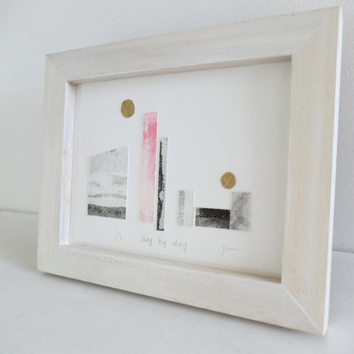 デザインアート・銅版画コラージュ・抽象画「day by day」木製額入