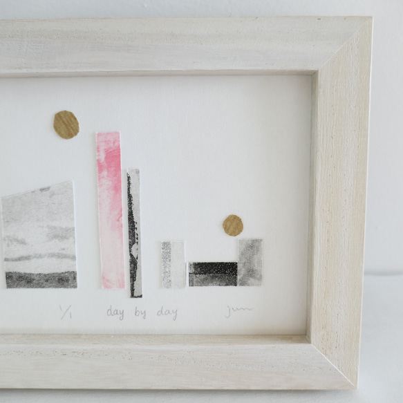 デザインアート・銅版画コラージュ・抽象画「day by day」木製額入(卓上・壁掛け)インテリアアクセサリー 6枚目の画像