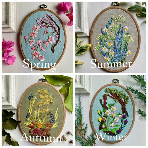 受注製作】Autumn leaves ぷっくりドングリ 手刺繍タペストリー