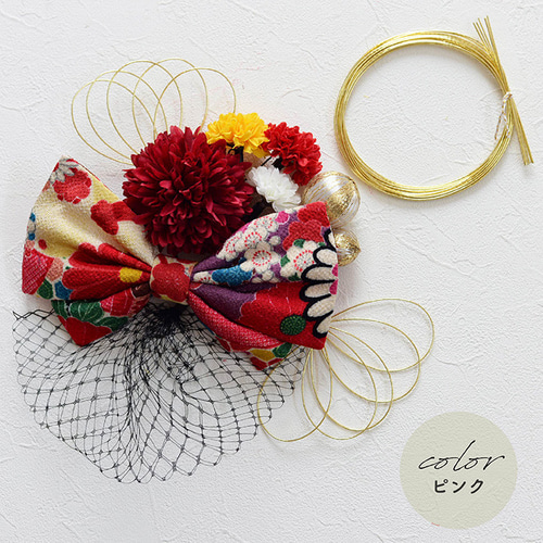 ☆水引・ちりめん細工・つまみ花・宝来鈴・猫柄・和柄・着物・シフォン・リボン☆ 即納】七五三 髪飾り ちりめん和柄リボン 水引 造花 【4色】ブラック