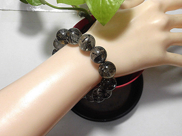 天然石 黒針ルチルクォーツ14.0mm～14.5mm玉ブレスレット 内周：約19.5 