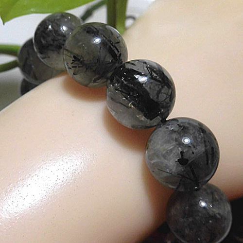 天然石 黒針ルチルクォーツ14.0mm～14.8mm玉ブレスレット 内周：約19.5