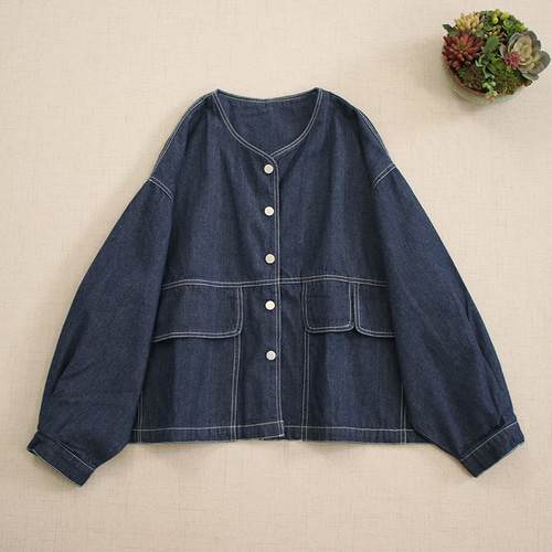 デニムジャケット☆個性的なデザイン】クルーネック金属ボタン