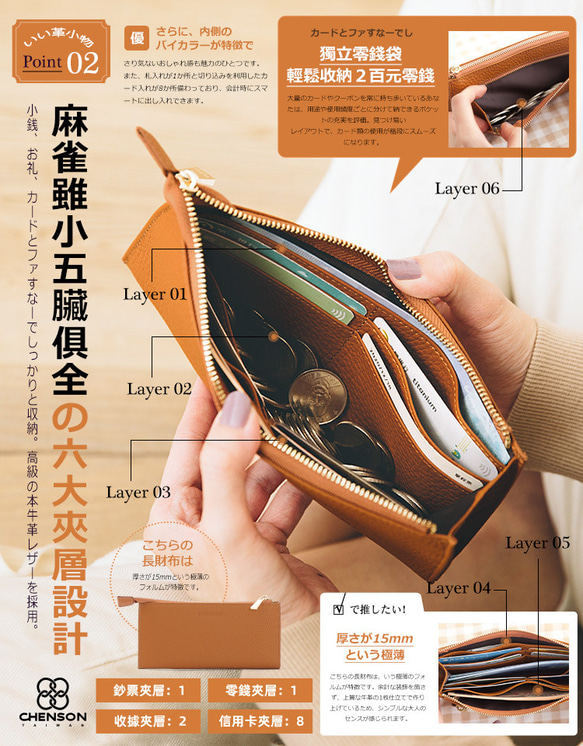 真皮 讓錢住飯店８卡超薄牛皮長夾 淡綠 CHENSON (W20413-X8) 禮物 財布 ラッピング 第9張的照片