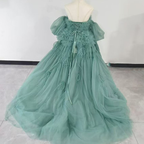 ウエディングカラードレス可愛いS〜M 後ろ編み上げボリュームあるグリーン