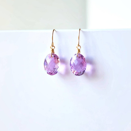 天然石ピンクアメジスト☆レクタングルのピアスorイヤリング14kgf