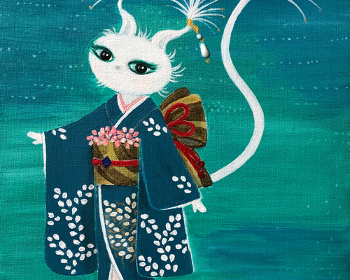 和服の猫（緑の着物）アクリル絵の具原画 絵画 猫人 通販 18172501