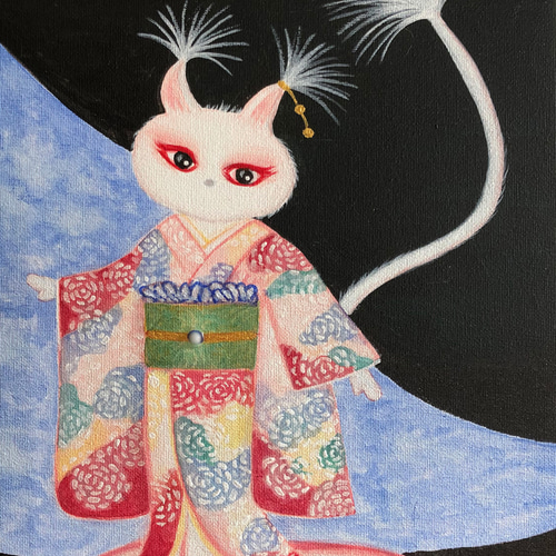 和服の猫（桃色着物）アクリル絵の具原画 絵画 猫人 通販 18172595