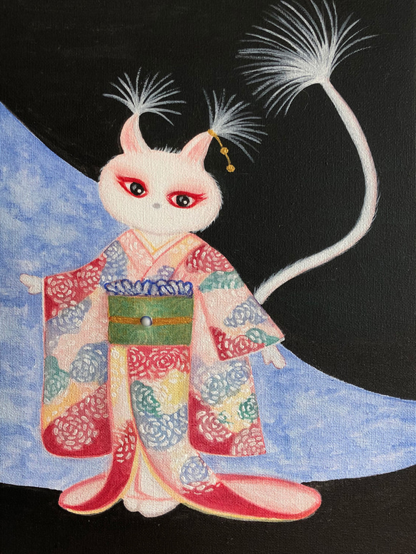 和服の猫（桃色着物）アクリル絵の具原画 絵画 猫人 通販 18172595