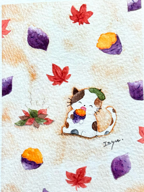 透明水彩画　ミニカード2枚セット「焼き芋ホクホク」猫　さつまいも　秋　バースデーカード　敬老の日　秋カード　 2枚目の画像