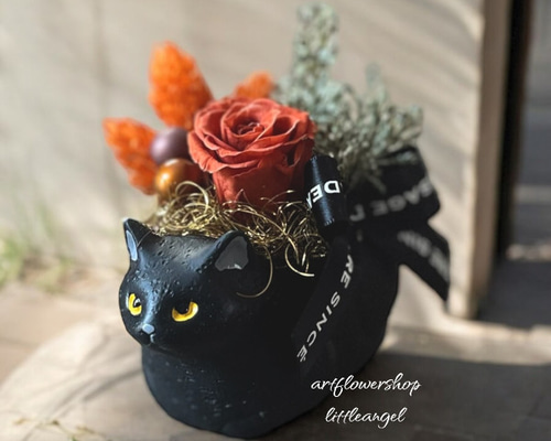 プリザーブドフラワー　黒ネコとレインボーローズドームアレンジ　プレゼント プリザーブドフラワー 黒ネコとレインボーローズドームアレンジ 送料