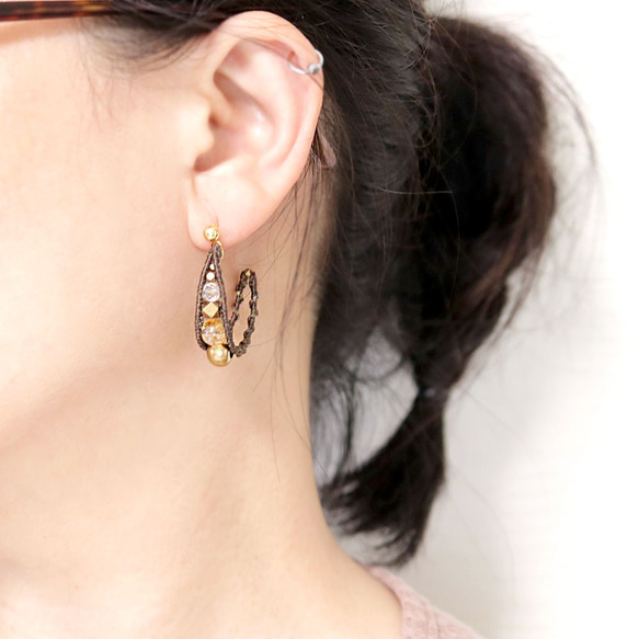 エキゾチックフープシトリン天然石マクラメピアスmacp119エスニックアジアンエキゾチックなアレルギーフリーピアス 6枚目の画像