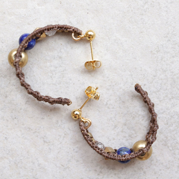 エキゾチックフープラピスラズリ天然石マクラメピアスmacp120エスニックアジアンエキゾチックなアレルギーフリー 8枚目の画像