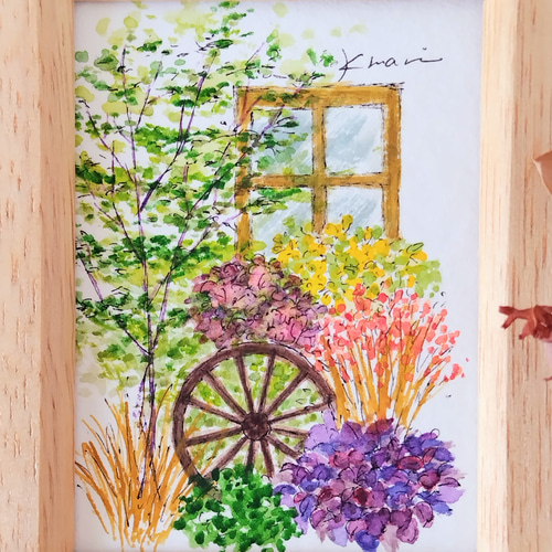 窓のある風景」フレーム入りですぐに飾れる水彩画 絵画 Kmari