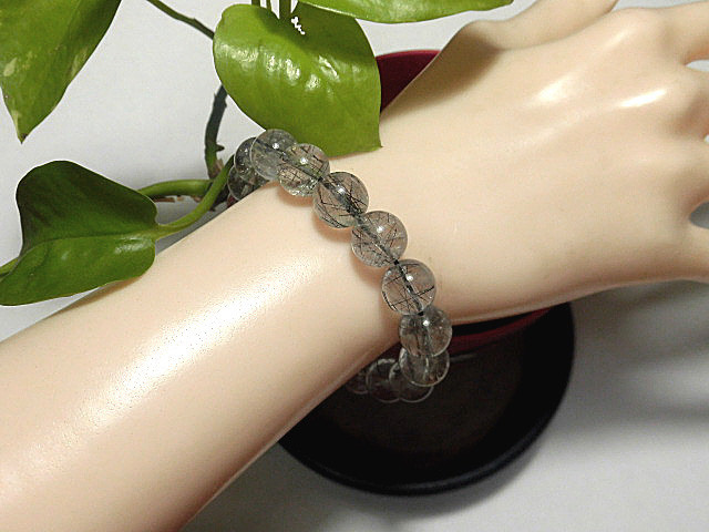 天然石 黒針ルチルクォーツ10.9mm～11.3mm玉ブレスレット 内周：約18.5cm 　　240101834