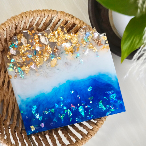 海のカケラ 〗1点物 レジンアート コースター 11cm 波 夏 透明感