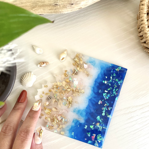 海のカケラ 〗1点物 レジンアート コースター 11cm 波 夏 透明感
