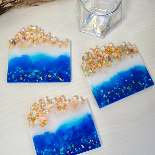 サマーセール‼️海レジン　波レジン　離島 海のカケラ 〗1点物 レジンアート コースター 11cm 波 夏 透明感