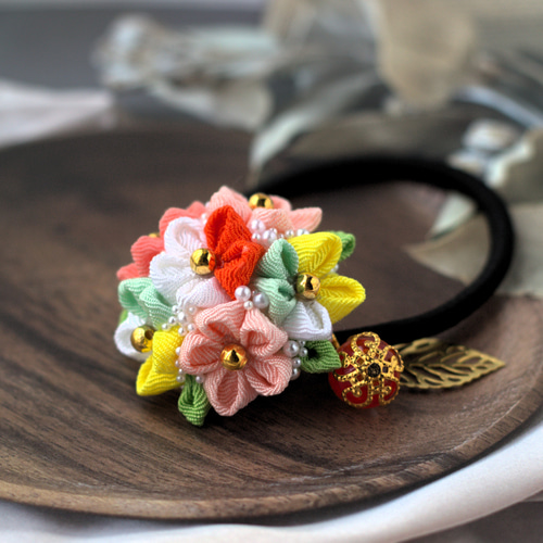 ❁大人かわいいメタルオレンジ和風ブーケつまみ細工ヘアゴム❁和装