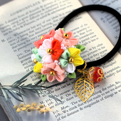 ❁大人かわいいメタルオレンジ和風ブーケつまみ細工ヘアゴム❁和装