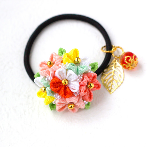 ❁大人かわいいメタルオレンジ和風ブーケつまみ細工ヘアゴム❁和装