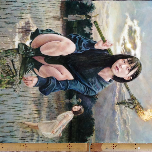 しらないせかい かがしめ祭】絵画 アクリル絵具 木製パネル 絵画