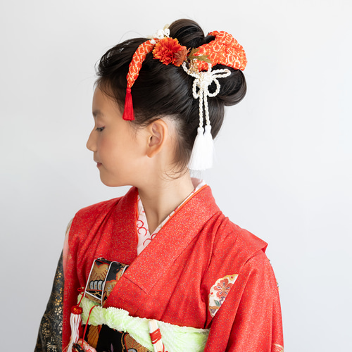 七五三7歳振袖髪飾り赤A】鹿の子（かのこ）ちんころ&水引き