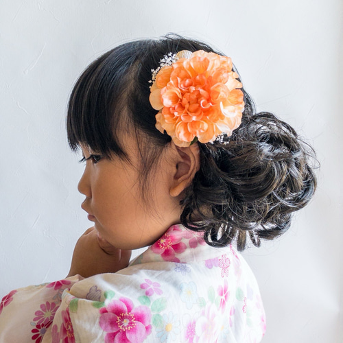 七五三 髪飾り 3歳 7歳 ダリア 髪かざり 浴衣 夏祭り 753 袴 オレンジ