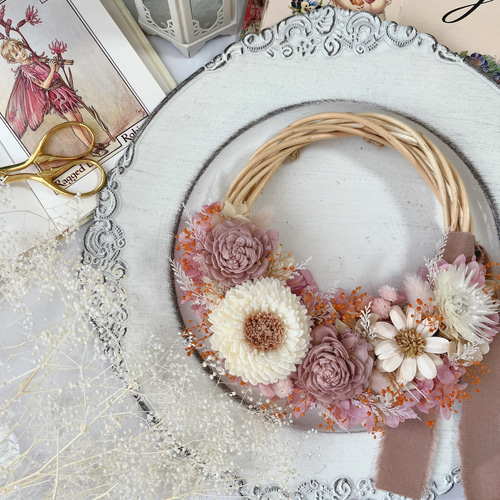 ◇ハーフリース◆スモーキーピンク◇ナチュラル◇プレゼント くすみピンクのハーフリース ハーフリース リース 秋リース 秋 敬老の