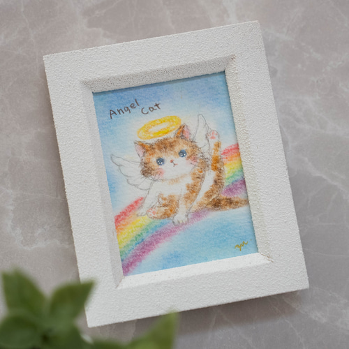 原画・フレーム付き】「天使の猫」 パステルアート かわいい ねこ 虹