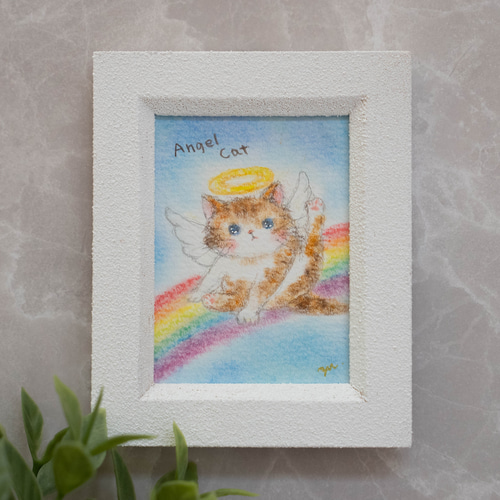 原画・フレーム付き】「天使の猫」 パステルアート かわいい ねこ 虹