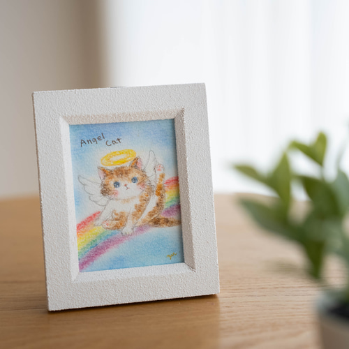 『小悪魔天使』原画一点物 絵画 手描き 癒し 猫 うさぎ 額縁付き アート作品 原画 「聖夜に天使猫は」 F10号 ＃絵画 ＃ねこ ＃猫の絵 ＃天使猫の絵