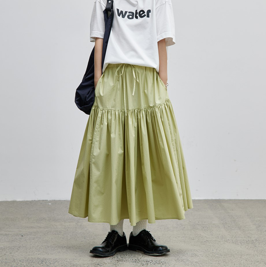 程良いボリュームと滑らかな手触り♪コットンギャザースカート グリーン