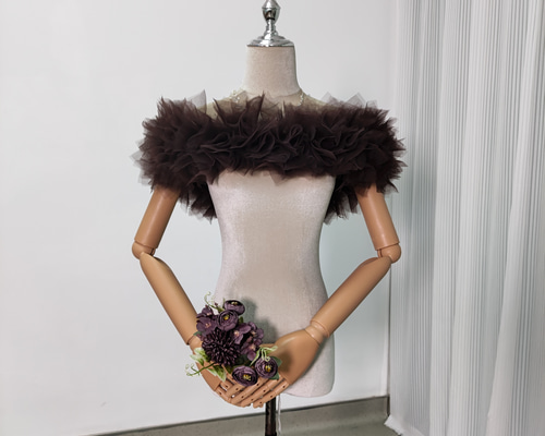 送料無料！取り外しオフショルダー ブラウン 編み上げ ふわふわ 結婚式
