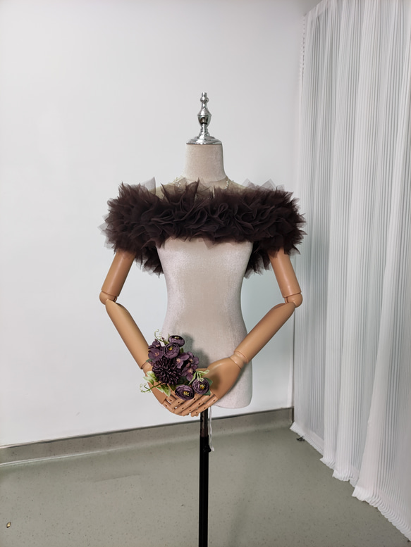 送料無料！取り外しオフショルダー ブラウン 編み上げ ふわふわ 結婚式