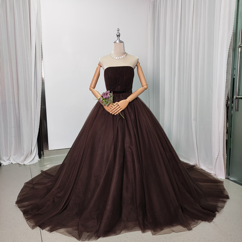 送料無料！カラードレス コーヒーの色 ベアトップ 柔らかく重ねた  