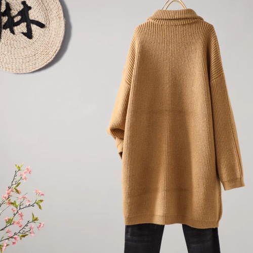 新作】レトロでゆったりしたロングニット 大きな開襟 厚手の